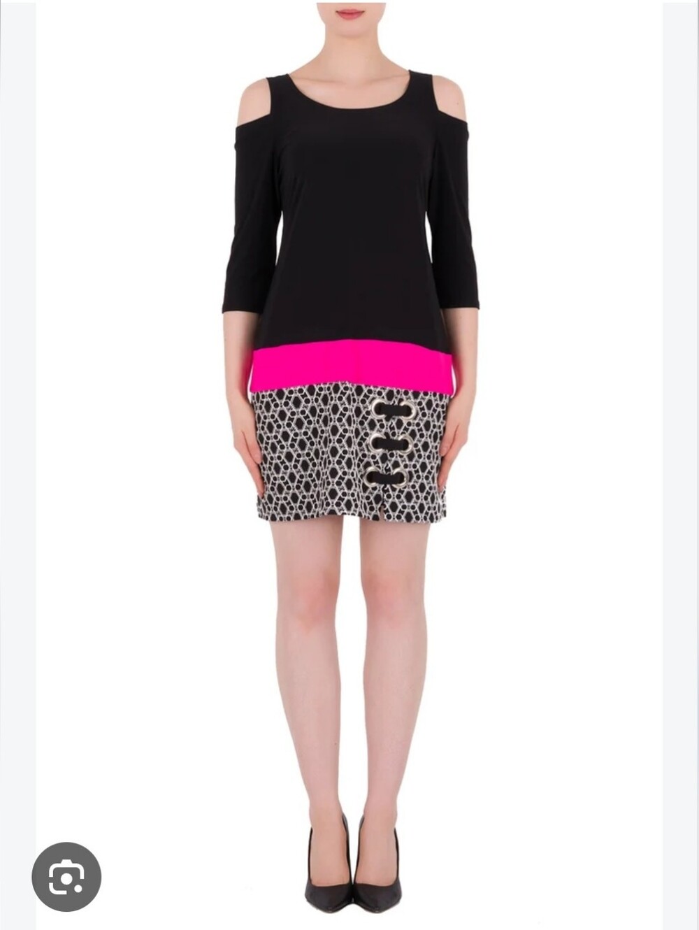 Joseph Ribkoff Black and Hot Pink Cold-Shoulder Mini Dress with Geometric Hem